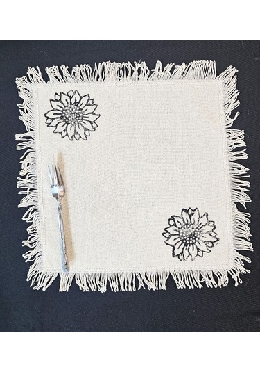 %100 Pamuklu Ham Keten Pamuk Ayçiçek Taş Baskı Püsküllü 6' Lı Amerikan Servisi Supla Kare 42 Cm Naturel