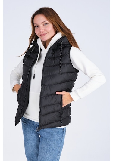 Everest Kadın Jel Dolgu Kapüşonlu Unısex Şişme Yelek Siyah
