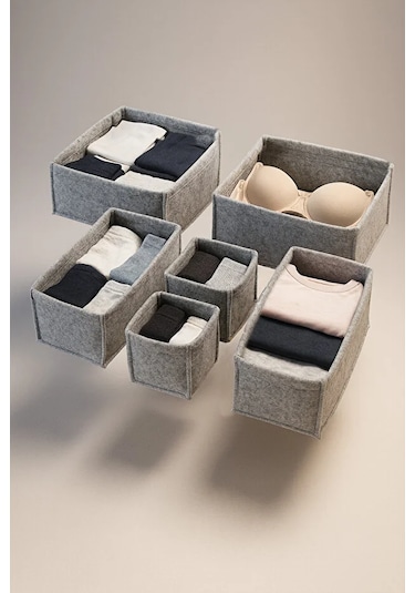 Gri Keçe Çekmece Ve Dolap Düzenleyici Organizer Seti 6 Parça Krem, Çok Amaçlı Düzenleyici Kutular Gri
