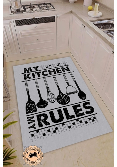 Mutfak Halısı Modern My Kitchen Yazılı Halı Dijital Baskı Makine Gri