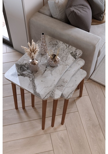 Zuesse Dizayn Reyhan 3lü Zigon Sehpa & Yan Sehpa Ahşap Ayaklı Salon Seti Çay Sehpası - Beyaz Mermer