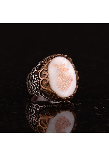 Doğal İnci Taşlı Yüzük, Mevlevi İslami Gümüş Yüzük, 925 Ayar Gümüş Erkek Yüzük Gümüş