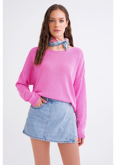 6933 Kadın Kayık Yaka İnce Mevsimlik Triko Kazak Pembe Pembe