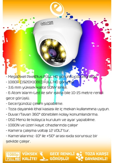 Elitcam 8 Kameralı Süper 2 İç Kamera Set 100 GB 5 MP 2K Net Renkli Gece Görüşlü Güvenlik Kamerası Sistemi