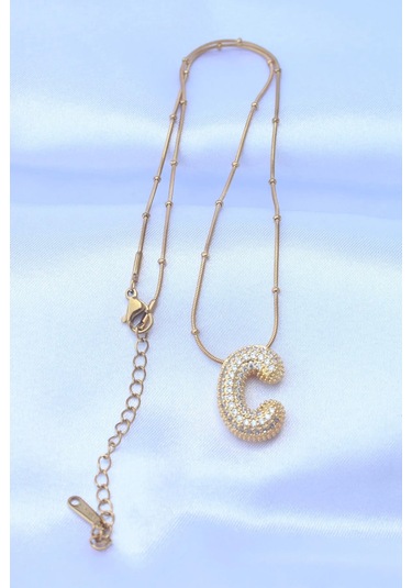 Mrs Flower Çelik Zincirli Zirkon Taşlı C Harfli Gold Renk Bubble Kolye Çok Renkli