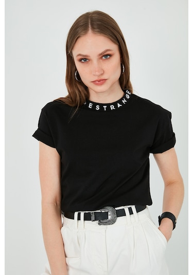 Lela Yakası Baskılı Bisiklet Yaka Basic Örme Bayan T Shirt 5864054 Siyah