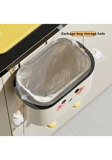 Honeybeeshop Sevimli Çizgi Film Tasarımlı 9l Asma Mutfak Çöp Kutusu Duvar Montaj Büyük Kapasiteli Koku Saklayan Su Geçirmez Plastik 10l Siyah