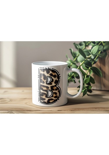 B Baş Harf Leopar Desenli Kupa Bardak - Kişiye Özel Feminen Konsept Hediye - Vahşi Hayvan Desenli Beyaz