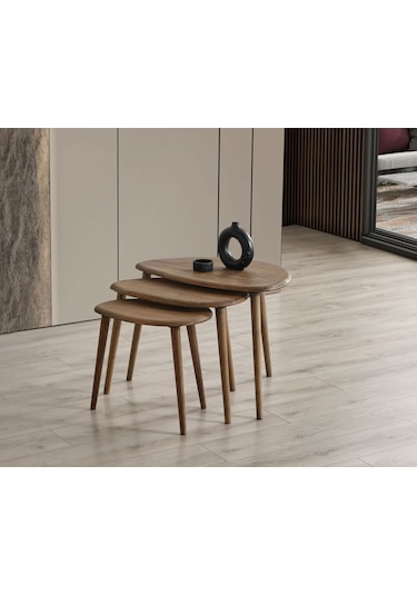 Masif Doğal Ahşap Zigon Sehpa 3'lü Set, Modern Ceviz Yan Sehpa