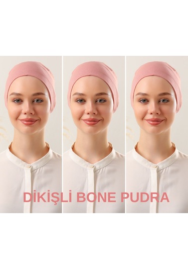 Kadın Tesettür Dikişli Set Bone Pudra 3 Adet Bağlamalı Penye Bone Pudra