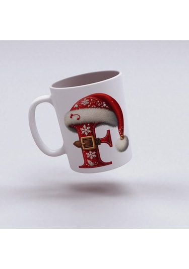 F Harfi Yılbaşı Temalı Bardak 330 Ml Harfli Kişiye Özel Hediye - Yeniyıl / Noel Şapka Tasarım Beyaz