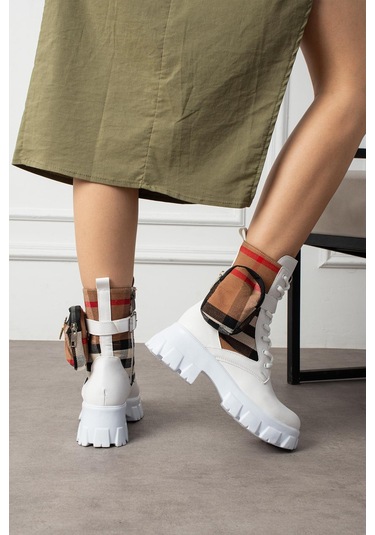 Shoetek Lorbi Kadın Bot Çantalı Postal Ekoseli Kumaşlı Beyaz Deri Beyaz