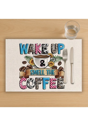 Wake Up Coffee Tasarımlı Amerikan Servis, Tabak Altlığı & Şık Masa Dekoru, Ev Hediyesi, 2 Adet Krem