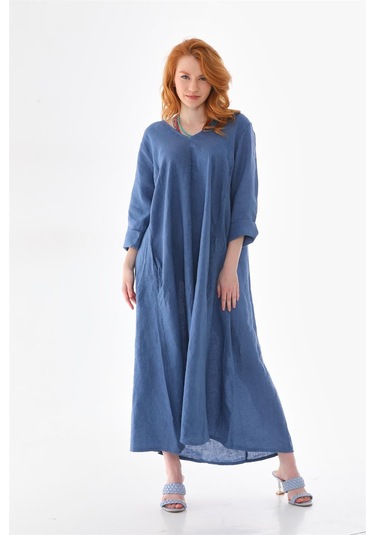 İtalyan V Yaka Uzun Kol Keten Elbise-8907 Petrol Mavisi