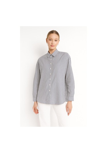 Kadın Çizgili Oversize Gömlek Antrasit Beyaz Pamuk Gömlek Antrasit