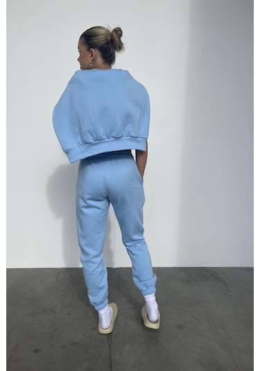 Kelebek Kışlık Eşofman Takımı - Bebe Mavisi Baskılı Kapüşonlu Oversize Bebe Mavisi