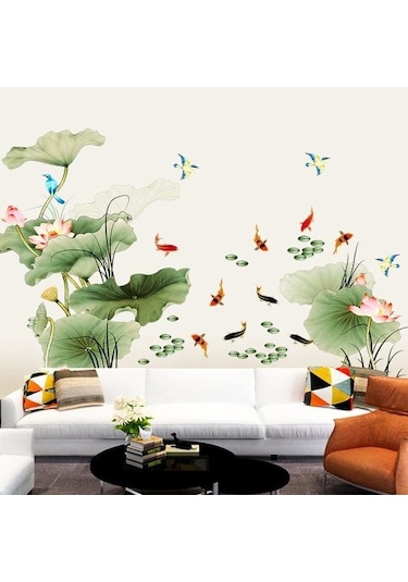 2 Adet/takım Duvar Sticker Çin Tarzı Su Geçirmez Kendinden Yapışkanlı Lotus Sazan Uçan Kuşlar Arka Plan Etiket Yatak Odası Dekoru Diğer