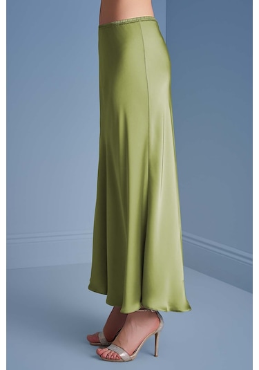 Evaze Yeşil Saten Etek Yeşil