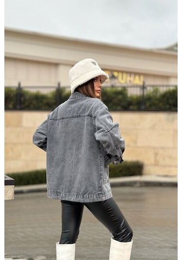 Kadın Gri Geniş Cepli, Kaliteli Jeans Kumaş, Salaş Kot Ceket Gri