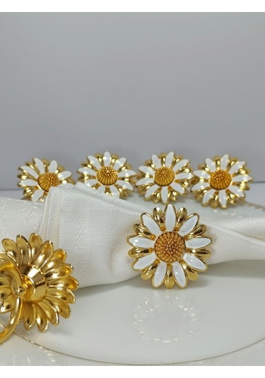 Parıltı Home Collection 6'lı Papatya Beyaz Mineli Gold Halka Peçete Yüzüğü Gold Beyaz
