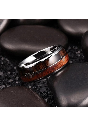 Siyah 8 Mm Erkekler Moda Yüzük Paslanmaz Çelik Ahşap Kakma Ok Yüzükler Düğün Band Yıldönümü Doğum Günü Hediyesi Takı