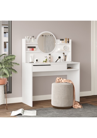 Robin Home Paris Makyaj Masası Aynalı Raflı Çekmeceli Beyaz