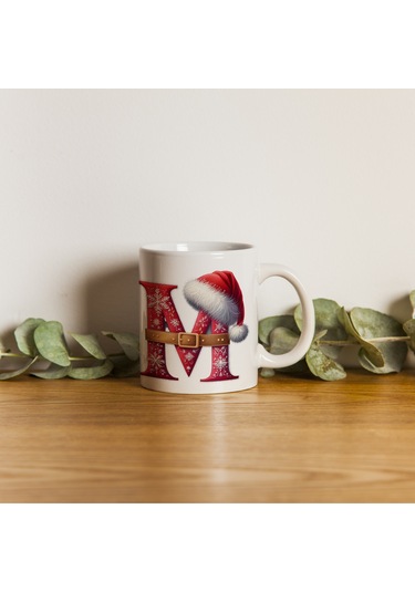 M Harfi Yılbaşı Temalı Bardak 330 Ml Harfli Kişiye Özel Hediye - Yeniyıl / Noel Şapka Tasarım Beyaz