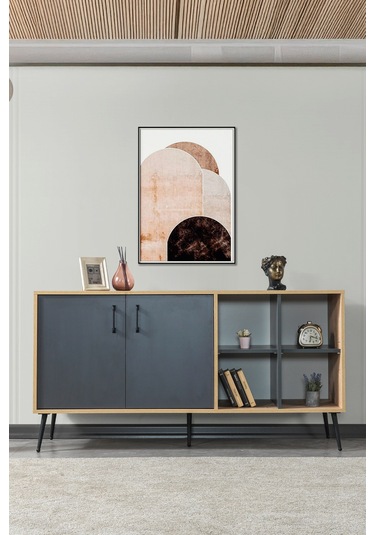 4609 Şile Metal Ayaklı Metal Kulplu 160 Cm Konsol - Yemek Odası Antrasit - Safir Antrasit - Safir