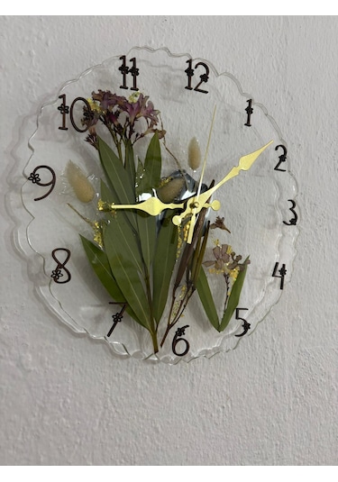Pelince - Zakkum Çiçekli Ve Tavşan Kuyruğu Bitkisi - Epoksi Duvar Saati - Özel Tasarım - Tek Üretim - 30 Cm Şeffaf
