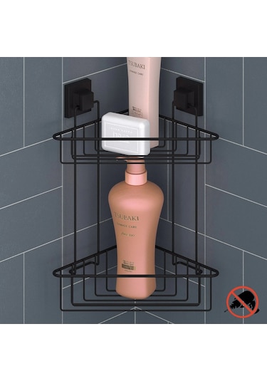 Banyo Köşe Rafı Kendinden Yapışkanlı 2 Katlı Easyfix Siyah Ef257 Siyah