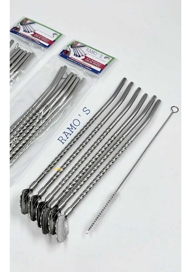 Kaşıklı Pipet Seti 6 Lı Çelik + Temizleme Fırçası 22 Cm