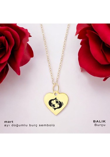 Balık Burçlarına 14 Ayar Altın Plakalı Kalp Motifli Zincirli Hediyelik Kolye-352burç Balık