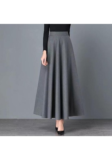 Kadın Maxi Etek Elastik Yüksek Bel Büyük Etek A Kesim Uzun Etek Cepli Düz Renk Ofis Siyah