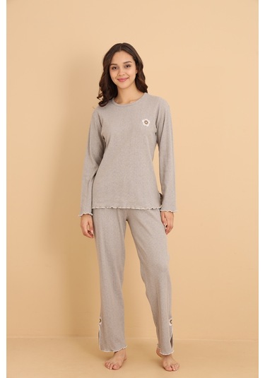 Mr-8602 Pointel Kumaş Mevsimlik Günlük Çiçekli Kadın Pijama Takımı Vizon