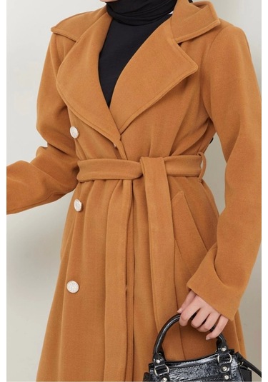 Kadın Polar Kaşe Uzun Kaban / M0107 - Camel Kahverengi