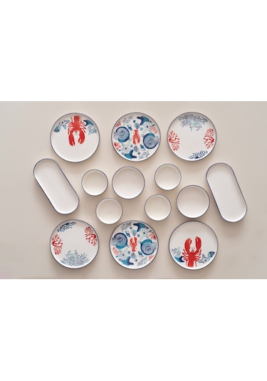 Kevin Seramik Hand Made 14 Parça 6 Kişilik Mercan Kahvaltı Takımı Beyaz - Kırmızı