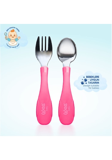 Wee Baby Paslanmaz Çelik Kaşık Çatal Seti Pembe