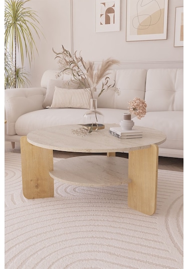 İskandinav Orta Sehpa 90 Cm, Bohem - Traverten & Safir Meşe