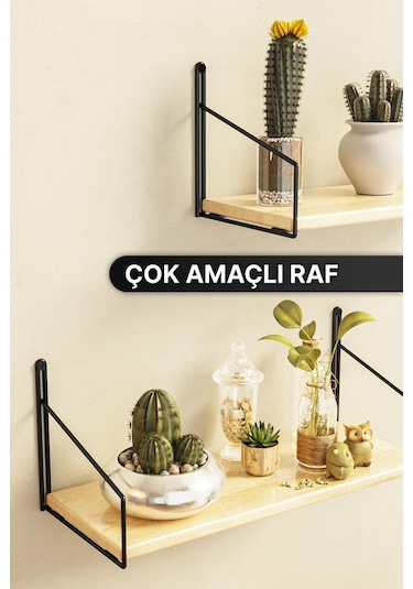 Bino Masif Ahşap Duvar Rafı  Lüks Dekoratif Banyo Mutfak Rafı 2'li