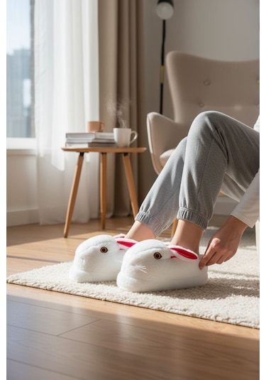 Kadın Panduf Beyaz Tavşanlı Panduf Pandufu Beyaz