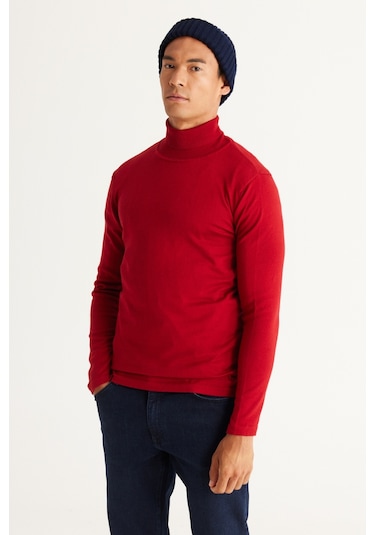 AC&Co / Altınyıldız Classics Erkek Kırmızı Standart Fit Normal Kesim Tam Balıkçı Yaka Pamuklu Triko 4A4923100007KMZM Kırmızı
