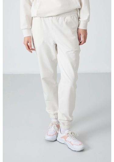 Tommy Life Ekru Kapüşonlu Kanguru Cep Oversize Lastik Paça Kadın Eşofman Takımı - 95288 Ekru