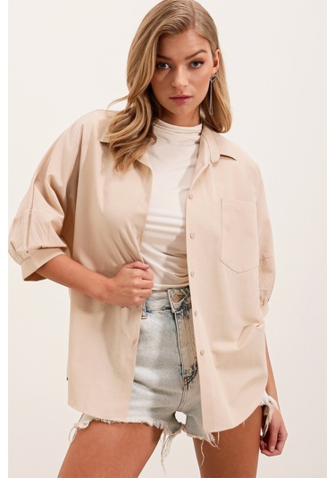 20213 Oversize Kısa Kol Basic Gömlek - Krem 001