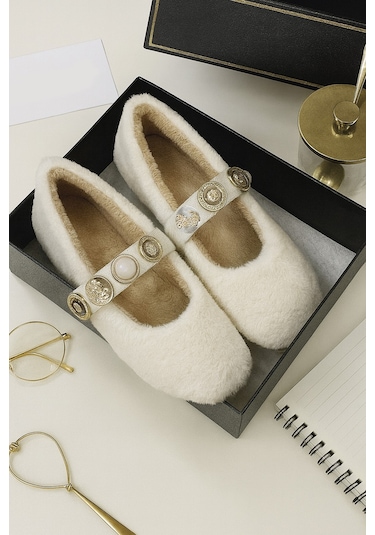 Zera Home Kadın Ev Babeti Kışlık İçi Yünlü Ev Ayakkabısı Panduf Krem