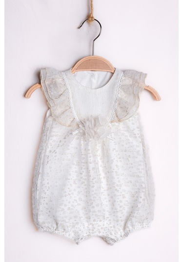 Yazlık Nokta Desenli Tüllü Aksesuarlı Bebe Kız Tulum Bej