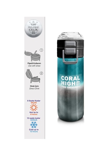 Coral High Kids Nefti Gri Renk Geçişli Desenli Pipetli Ve Direkt İçim Çelik Termos 500 Ml 31969 Altın