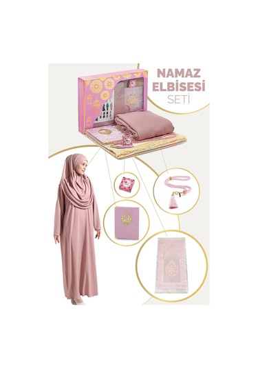 Pratik Başörtülü Tek Parça Namaz Elbisesi Ve Seccade Seti Gül Kurusu Gül Kurusu