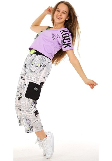 Kız Çocuk Rock Yazılı Tek Omuz Model Gazete Desenli Kaprili Takım Lila