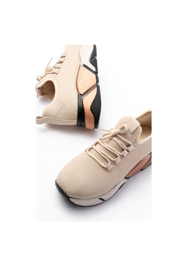 Rs-400 Bej Bağcıklı Fileli Renkli Taban Günlük Kadın Spor Beyaz