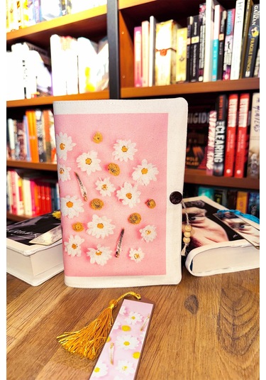 Kitap Kılıfı Ve Metal Kitap Ayracı Seti Pembe Papatya